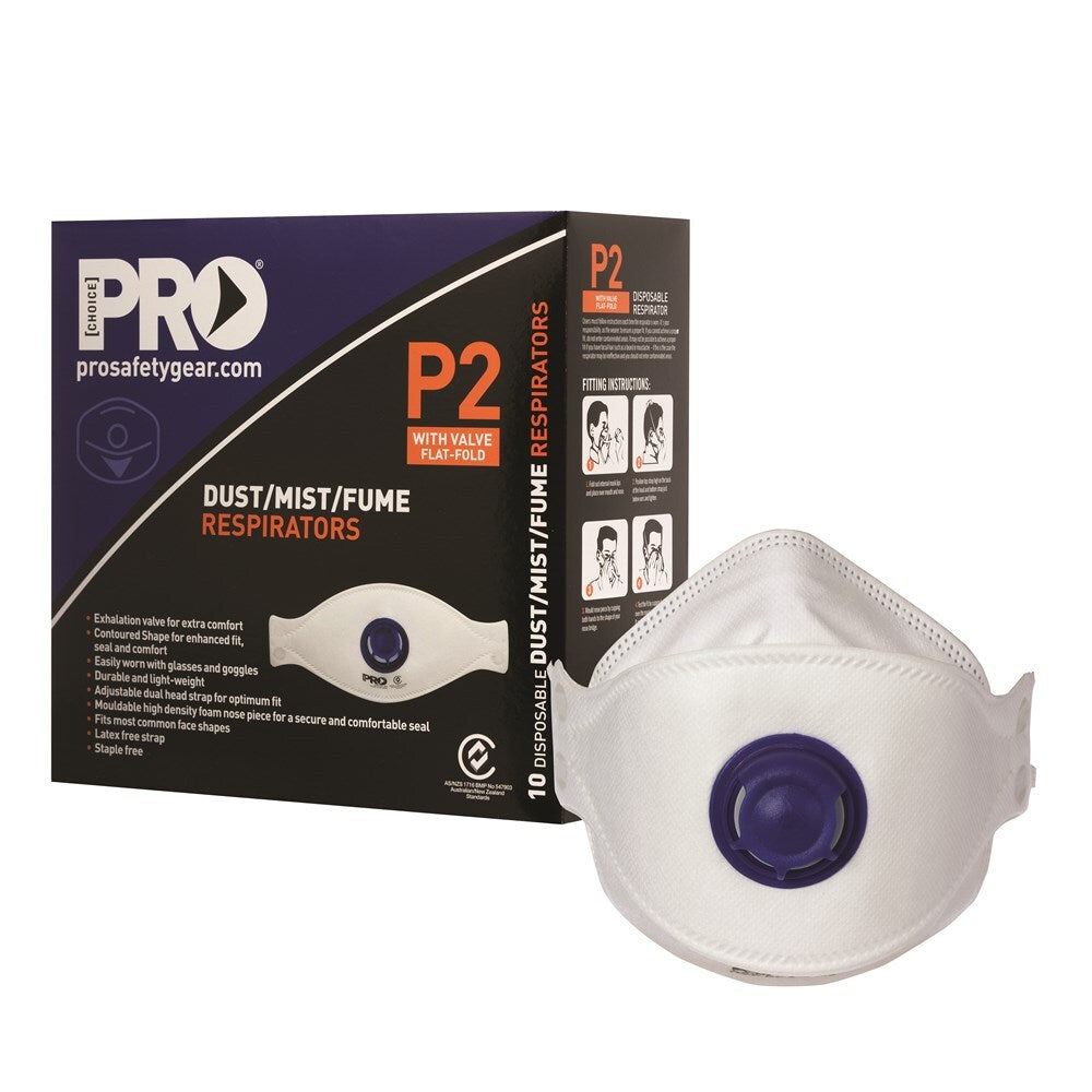 ProSafety Gear P2 Flat Fold Disposable Respirator with Exhalation Valve Box of 10