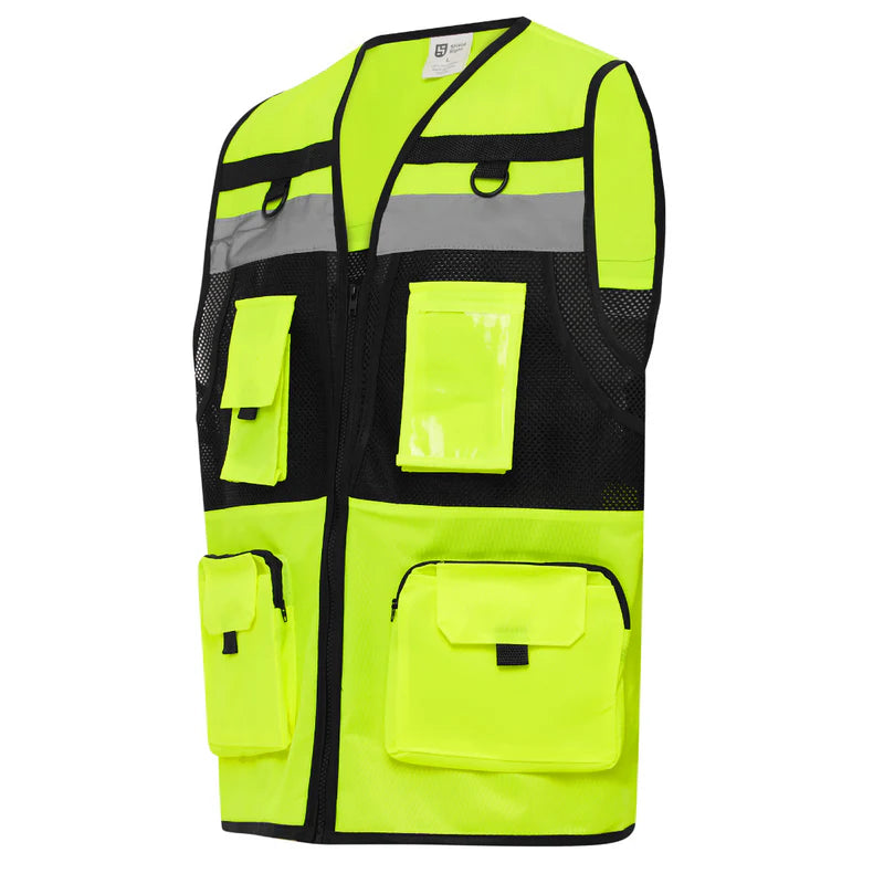 Premium Hi-Vis Reflective Safety Vest - Zip Pockets & Mesh Back
