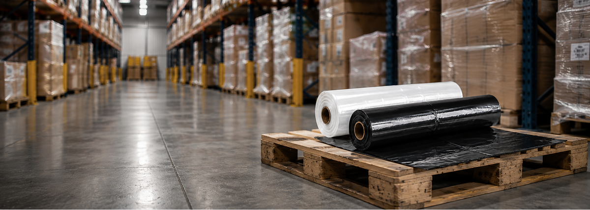Rolls of plastic sheeting on a pallet in a warehouse setting